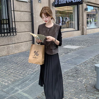 2点セット！【セットアップ】フレンチデザイン プリーツワンピース＋ベスト セット 秋新作 大人カジュアル ファッションコーデ【JZシリーズ】