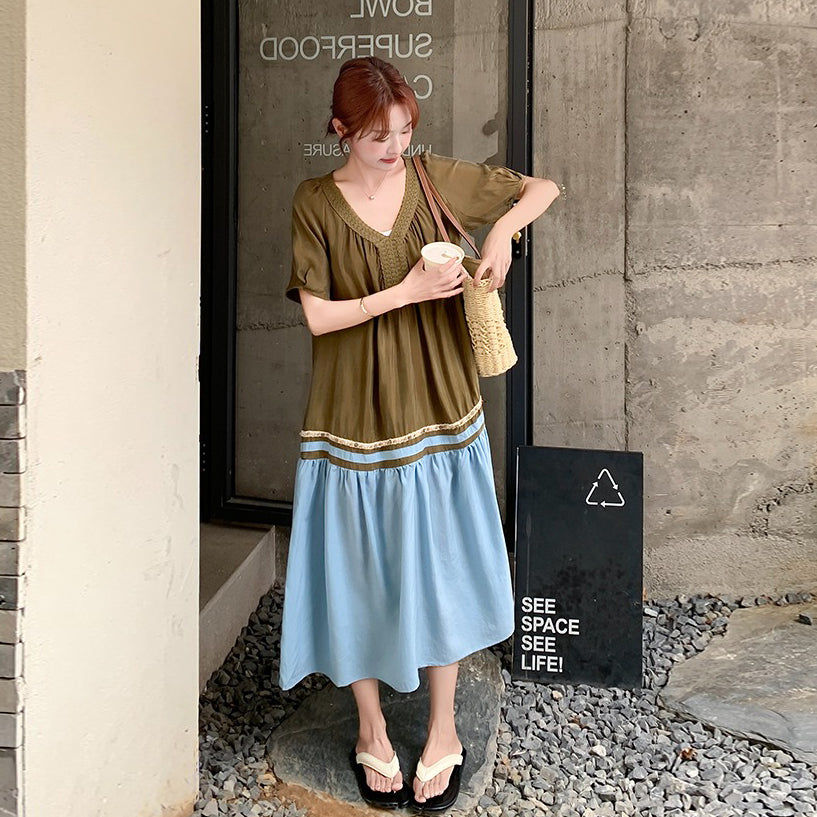 【ワンピース】夏 フレンチ ヴィンテージ  大人可愛い 配色 半袖ワンピース レディース 気質 若見え 超美しい Aラインロングドレス【JZシリーズ】