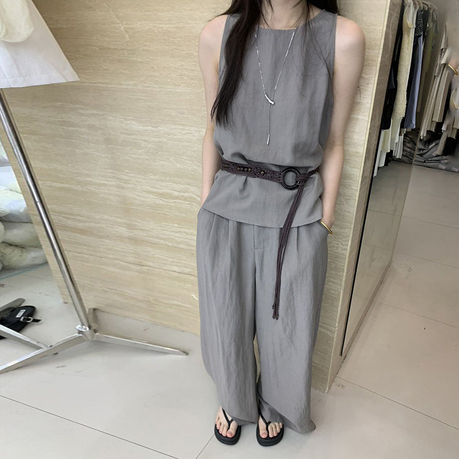2点セット【セットアップ】夏 シンプル 通勤 タンクトップ＋テンセル ワイドレッグパンツ 上下セットアップ【SNシリーズ】
