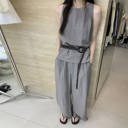 2点セット【セットアップ】夏 シンプル 通勤 タンクトップ＋テンセル ワイドレッグパンツ 上下セットアップ【SNシリーズ】