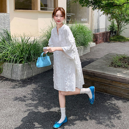 【ワンピース】フレンチヴィンテージ風 立体刺繍半袖ワンピース 大人可愛い＆着やせ見えデザイン【JZシリーズ】