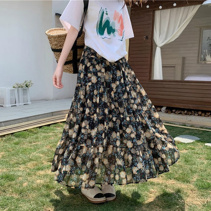 【ボトムス】花柄 スカート 新作 流行 レディース ハイウエスト Aライン フレア シフォンスカート【SHシリーズ】