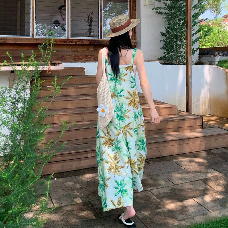 椰樹熱帶印花吊帶連身褲｜V領寬鬆闊腿褲｜夏季度假風連體褲【SH系列】