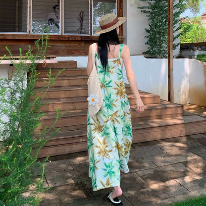 椰樹熱帶印花吊帶連身褲｜V領寬鬆闊腿褲｜夏季度假風連體褲【SH系列】