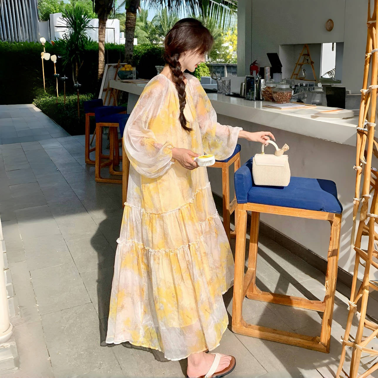 【ワンピース】花柄 長袖ワンピース  レディース 高級感 細見え リゾート風 フェミニン ロングビーチドレス【SHシリーズ】