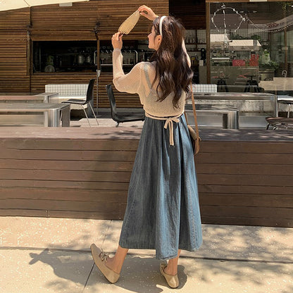 2点セット！【セットアップ】フレンチ風 ニットカーディガン＋デニムキャミワンピース セットレディース 秋新作 若見え 優雅 人気