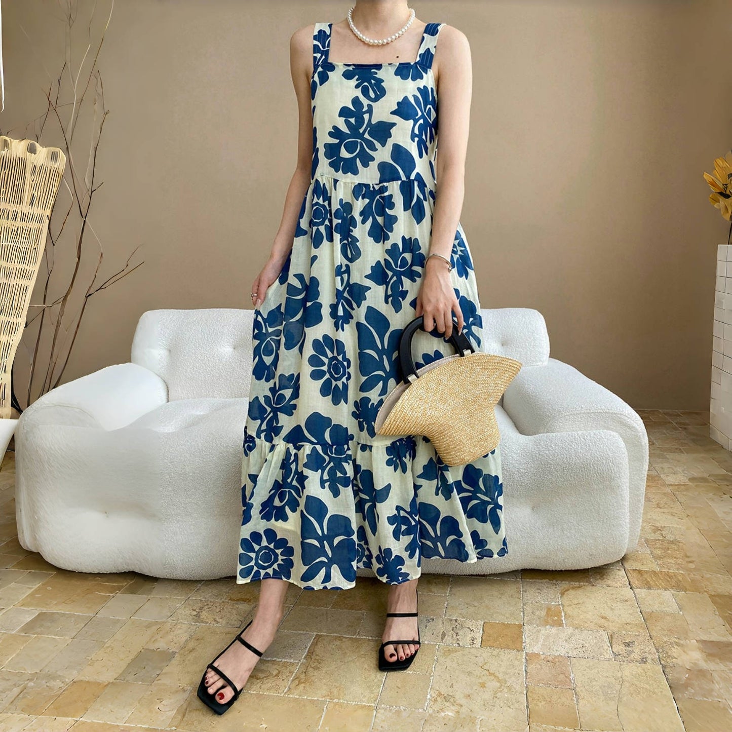 【ワンピース】夏 フレンチレトロ風 リネン プリント ノースリーブ ワンピース 【SHシリーズ】