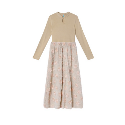 【ワンピース】春 秋 冬 花柄刺繍 細見え インナー 長袖 ワンピース  【JZシリーズ】