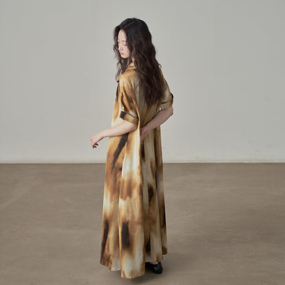 【ワンピース】新中式プリント 気品あるフィット感 ロング丈 半袖 シャツワンピース【SHシリーズ】