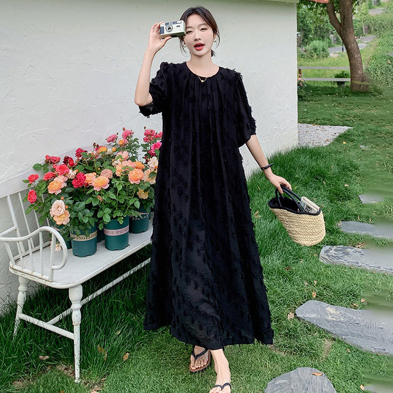 【ワンピース】切り替え 夏新作 ヘップバーン風 シンプルゆったり 半袖ワンピース