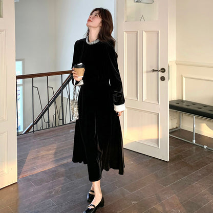 【ワンピース】💖高級感＆ロマンチック♡ヘップバーン風 ベルベット Aライン 長袖ワンピース【JZシリーズ】