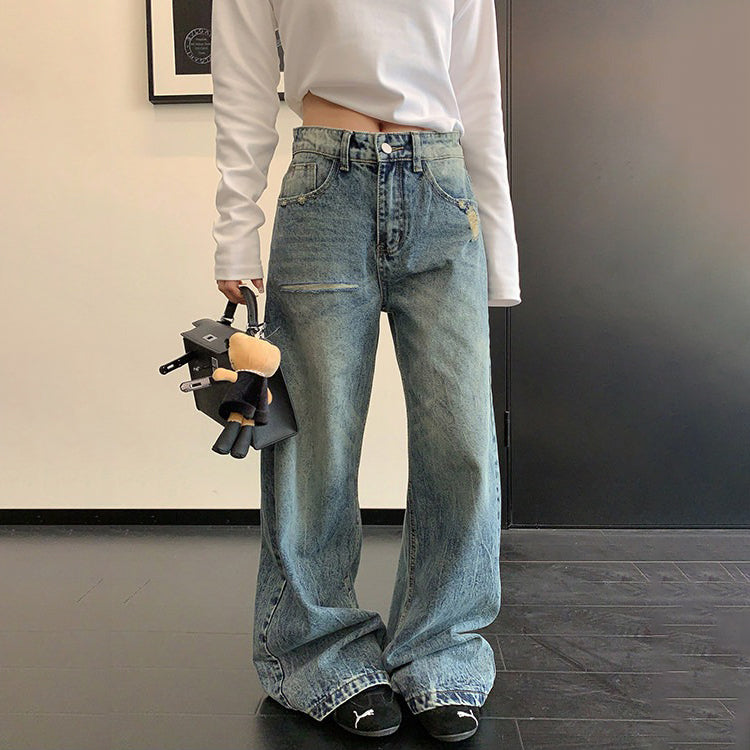 【ボトムス】ヴィンテージ加工 ダメージ 直筒 ワイドレッグ ジーンズ レディース パンツ【FCシリーズ】