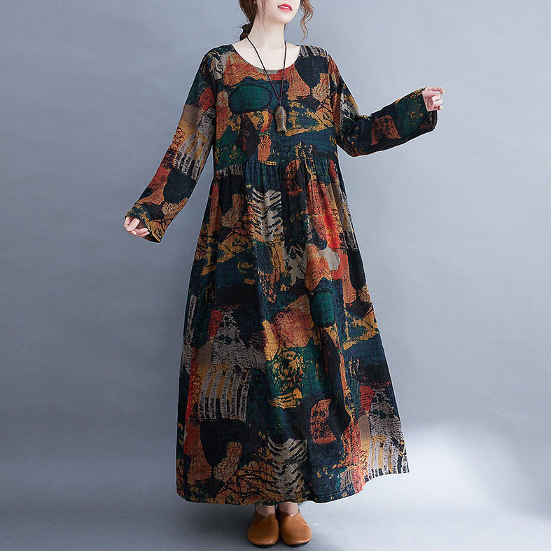 【ワンピース】花柄 大きいサイズ レトロ ラウンドネック 長袖 プリント ワンピース 春秋新作ドレス【SHシリーズ】