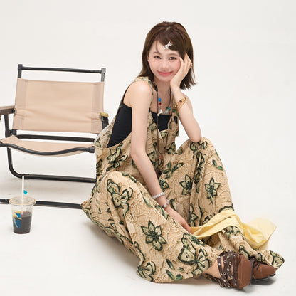【ボトムス】ゆったりルーズ感 オーバーサイズ Vネック オールインワン 夏新作 バタフライプリント サロペット【SHシリーズ】