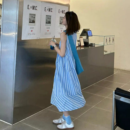 【ワンピース】ブルーストライプワンピース レディース 夏新作 ノースリーブ 丸首 涼しげ 体型カバー 上品 ロング丈 ワンピース【JZシリーズ】