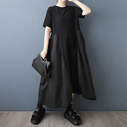 【ワンピース】夏新作 ゆったりカジュアル ドローストリング 中長丈 ニット 半袖ワンピース【AHシリーズ】