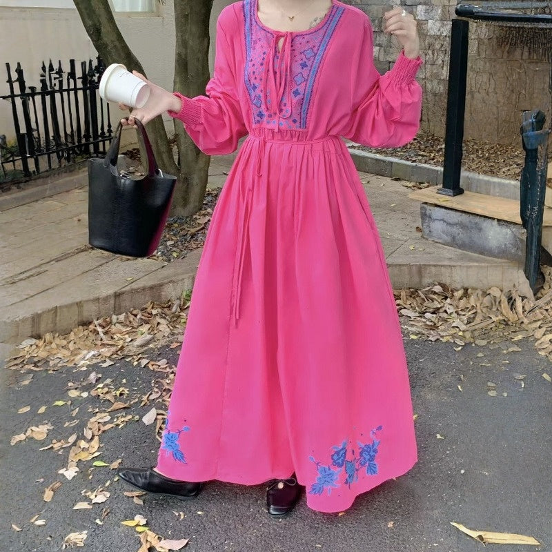 【ワンピース】春 秋 刺繍 ルーズ エレガント 花柄 長袖 ワンピース 【SHシリーズ】