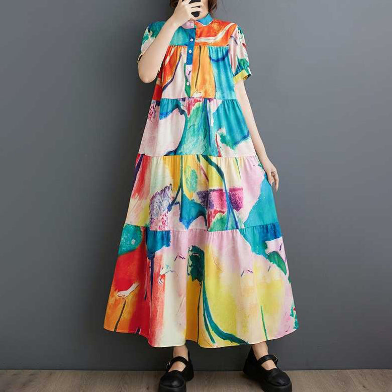 【ワンピース】韓国風ゆったりサイズ 半袖プリントシャツワンピース｜体型カバー◎涼しげなミディ丈【SHシリーズ】