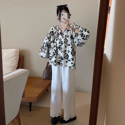 【トップス】フレンチ風パフスリーブ ゆるかわ花柄長袖ブラウス レディース【SHシリーズ】