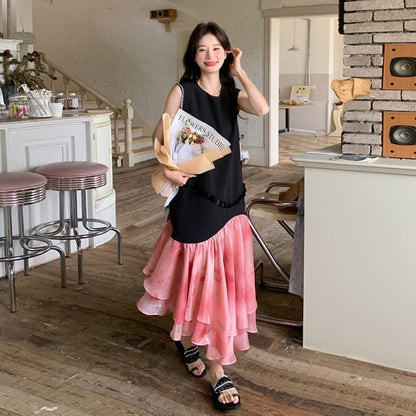 【ワンピース】高見え ノースリーブ花柄切替ワンピース トレンド感ある上品な美シルエット【SHシリーズ】