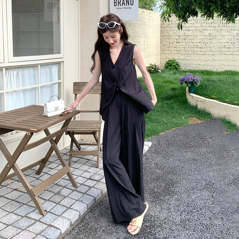 2点セット！【セットアップ】通勤＆デイリー兼用 バックレスデザイン ジレ＋ワイドパンツ 上下セット【JZシリーズ】【SNシリーズ】