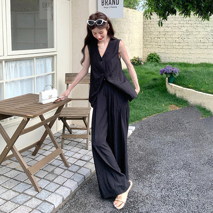 2点セット！【セットアップ】通勤＆デイリー兼用 バックレスデザイン ジレ＋ワイドパンツ 上下セット【JZシリーズ】【SNシリーズ】