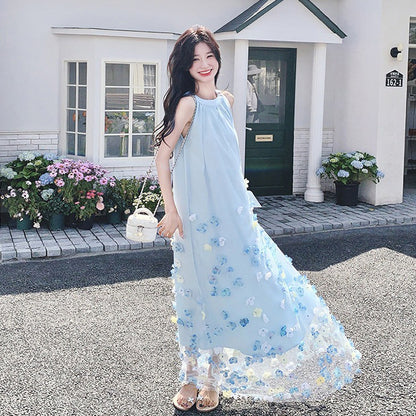 【ワンピース】韓国ファッション ブルー 花柄 ワンピース｜ノースリーブ ティアード ロング丈｜海辺 リゾート ビーチ 撮影用 映えドレス【SHシリーズ】