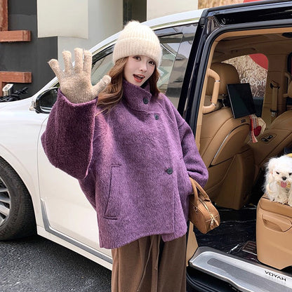 【アウター】💜トレンド感満載！ラベンダーカラーのコート！上品な雰囲気 ウールコート レディース 秋冬  韓国風 レトロ おしゃれ ショートジャケット【JZシリーズ】