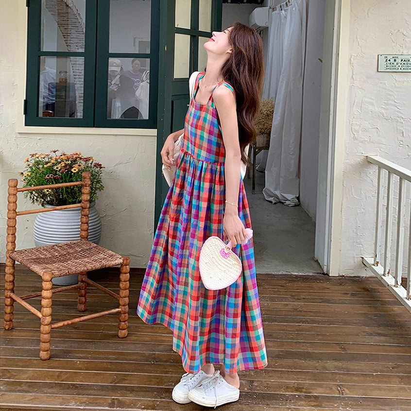 【ワンピース】夏 ドーパミンカラー チェック 高級感 シェイプアップ リゾート風 ノースリーブワンピース【SHシリーズ】