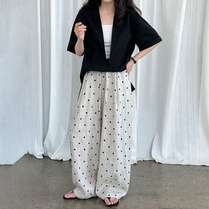 【ボトムス】夏新作 ドット刺繍入り ウエストゴム 薄手カジュアルパンツ 高級感ディテール【JZシリーズ】