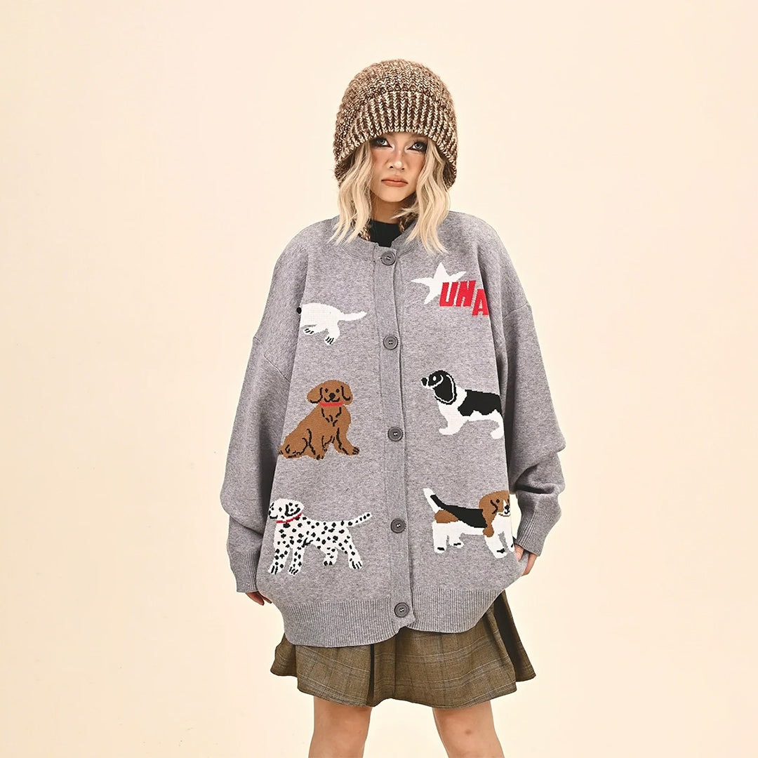 【アウター】韓国風 レトロ 子犬 シングルボタン ゆったり カーディガン【FCシリーズ】