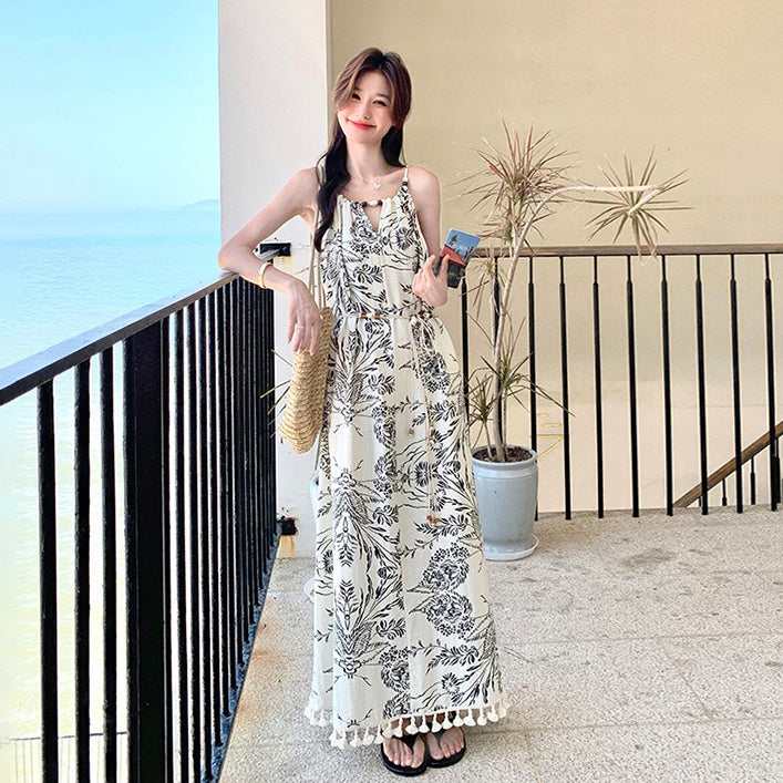 【ワンピース】ヴィンテージ水墨プリント フリンジパッチワーク リゾート風 ノースリーブワンピース【SHシリーズ】