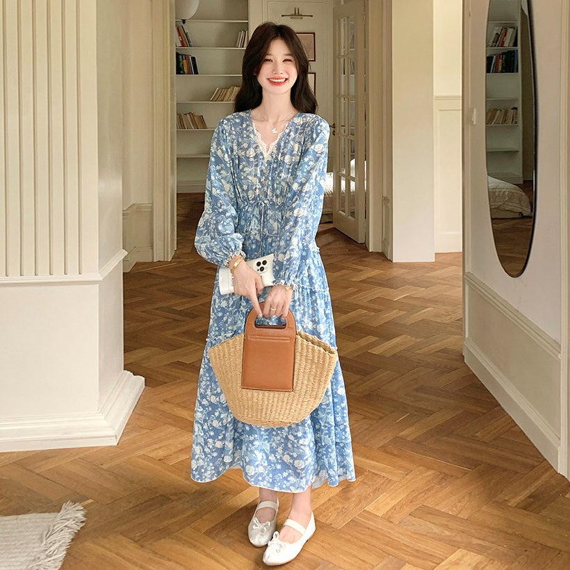 【ワンピース】フレンチエレガント レース Vネック 花柄長袖ワンピース 春秋 優しい雰囲気 超おしゃれ 若見え【SHシリーズ】