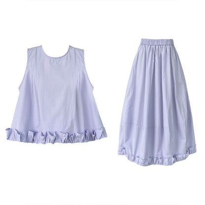 【セットアップ】プリーツ デザイン性 フリル ノースリーブトップス + ＋バルーンスカート 2点上下セット 【JZシリーズ】