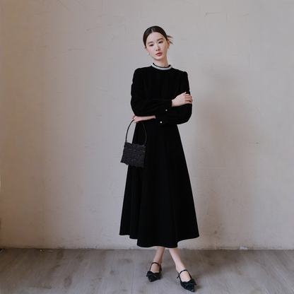【ワンピース】パールネック ウエストシェイプ ベロア 上品 長袖 ワンピース 【JZシリーズ】