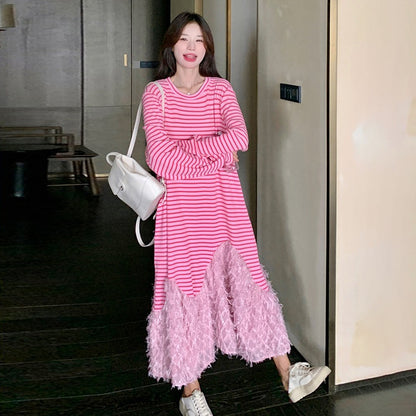 【ワンピース】トレンド切り替え ピンクストライプ 長袖ワンピース  フェイクレイヤード マーメイドスカート カジュアル スウェットワンピ 【SHシリーズ】