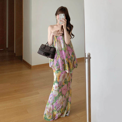 【ワンピース】【撮影用・映えドレス】花柄 オフショルダー ワンピース｜レイヤード風 ベアトップ ロング丈 ノースリーブ｜海辺 リゾート ビーチ【SHシリーズ】