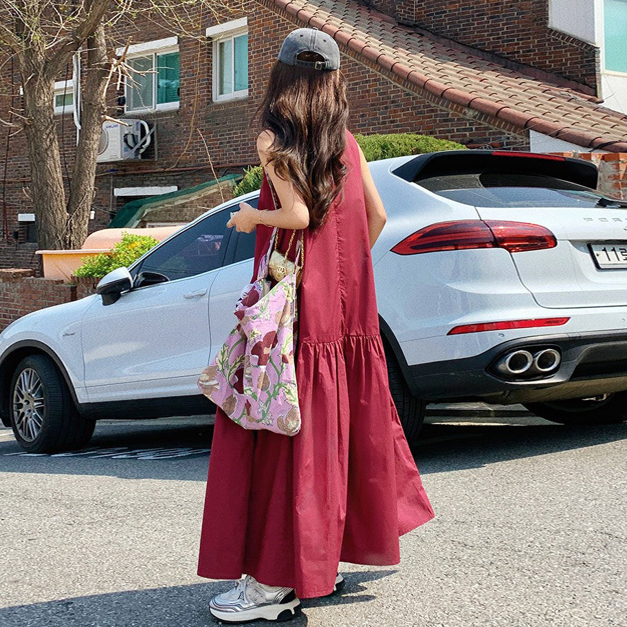 【ワンピース】夏新作 ゆったりシルエット 高級感 体型カバー抜群 ノースリーブワンピース