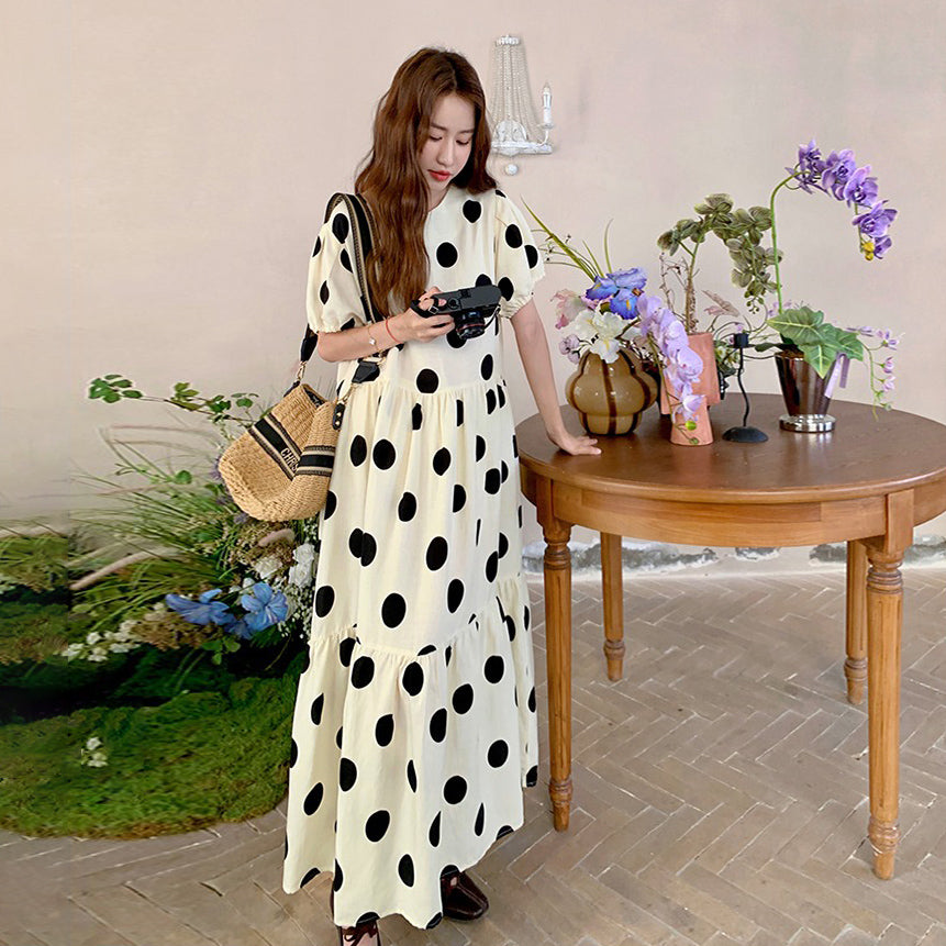 【ワンピース】大きめドット パフスリーブ ワンピース 夏 トレンド感 上品 半袖 マーメイド ロングドレス【SHシリーズ】