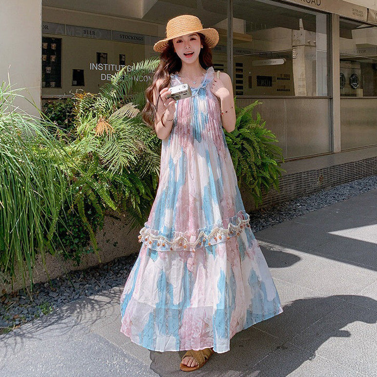 【ワンピース】花柄 ホルターネック ロング丈 ノースリーブワンピース 細見え 体型カバー 上品 リゾート 海外旅行 ビーチコーデ【SHシリーズ】