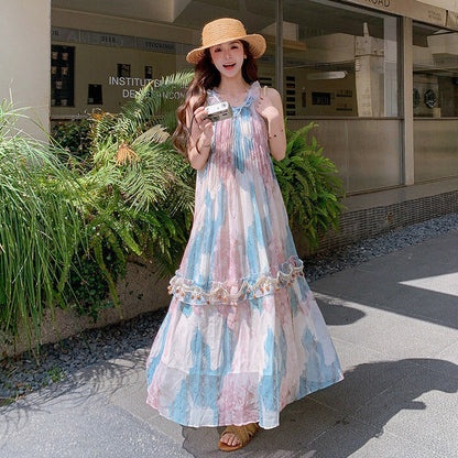 【ワンピース】花柄 ホルターネック ロング丈 ノースリーブワンピース 細見え 体型カバー 上品 リゾート 海外旅行 ビーチコーデ【SHシリーズ】