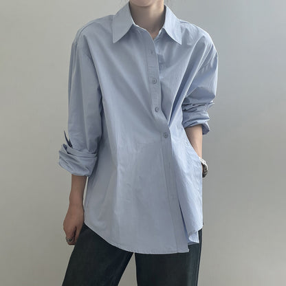 【トップス】秋新作 韓国風 ミニマル 長袖 シャツ｜斜めボタン×シンプル美シルエット｜【SNシリーズ】