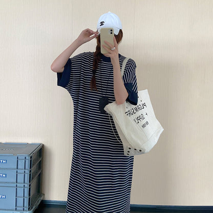【ワンピース】ボーダーTシャツワンピース レディース 夏 半袖 ロング丈 ゆったりシルエット 体型カバー 着痩せ 大人カジュアル【JZシリーズ】