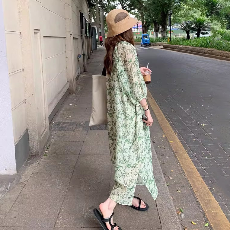 【ワンピース】Vネック半袖 花柄ワンピース レディース 七分袖 ミモレ丈 ゆったりシルエット【SHシリーズ】