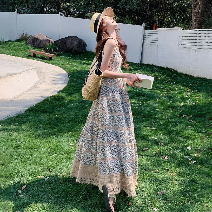 【ワンピース】バカンス映え ボヘミアン ノースリーブワンピース 花柄ロング丈 夏新作 リゾートスタイル【SHシリーズ】