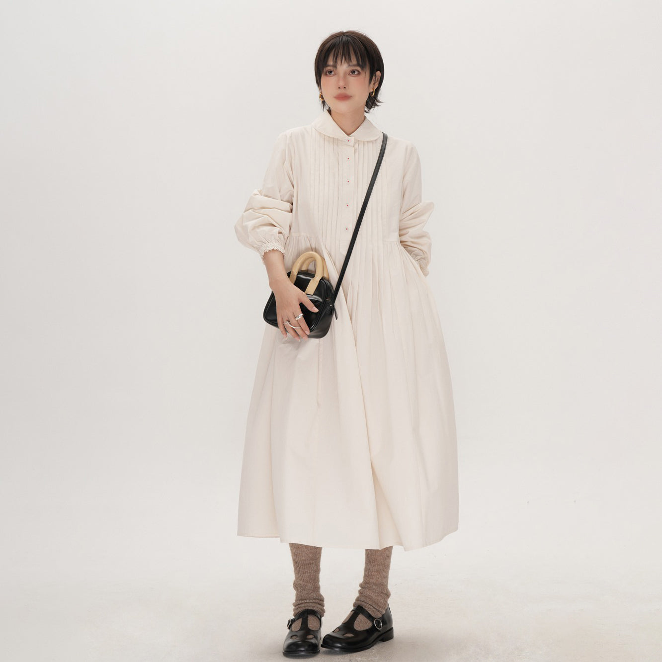 【ワンピース】かわいい 手作り タック プリーツ ハイウエスト ゆったり 日本風 長袖ワンピース【JZシリーズ】