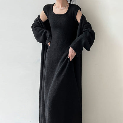 【セットアップ】ふんわりウールワンピース＋ニットカーディガン レディース 秋冬新作 厚手ロング丈セットアップ【JZシリーズ】