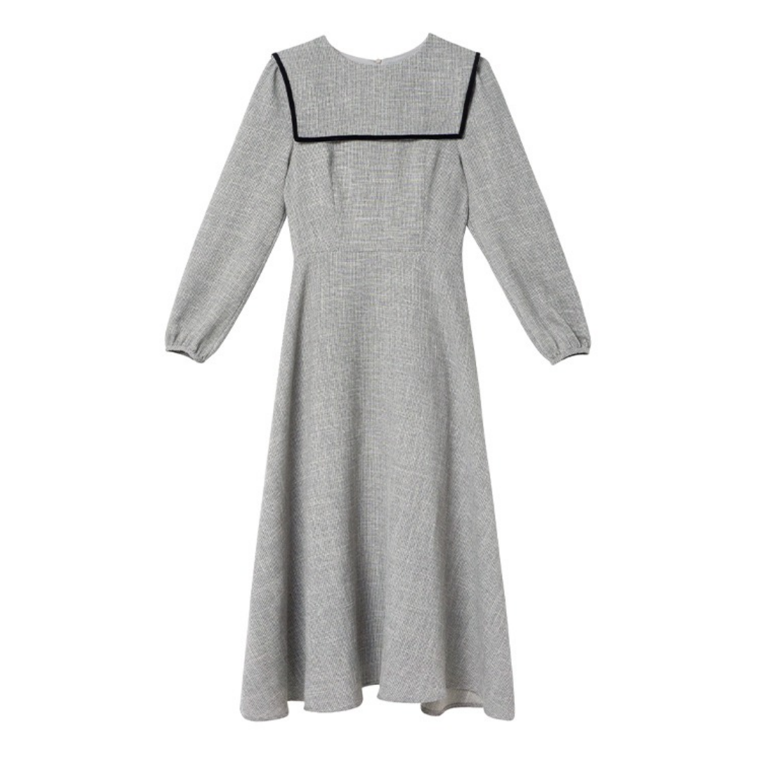 【ワンピース】春 秋 冬 マリン大きめ襟 甘く若見え ウエストシェイプ 長袖 ワンピース 【JZシリーズ】