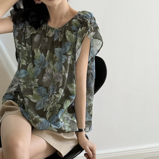 【トップス】フレンチスタイル 花柄 ラウンドネック フリルスリーブ シャツ【JZシリーズ】【SHシリーズ】