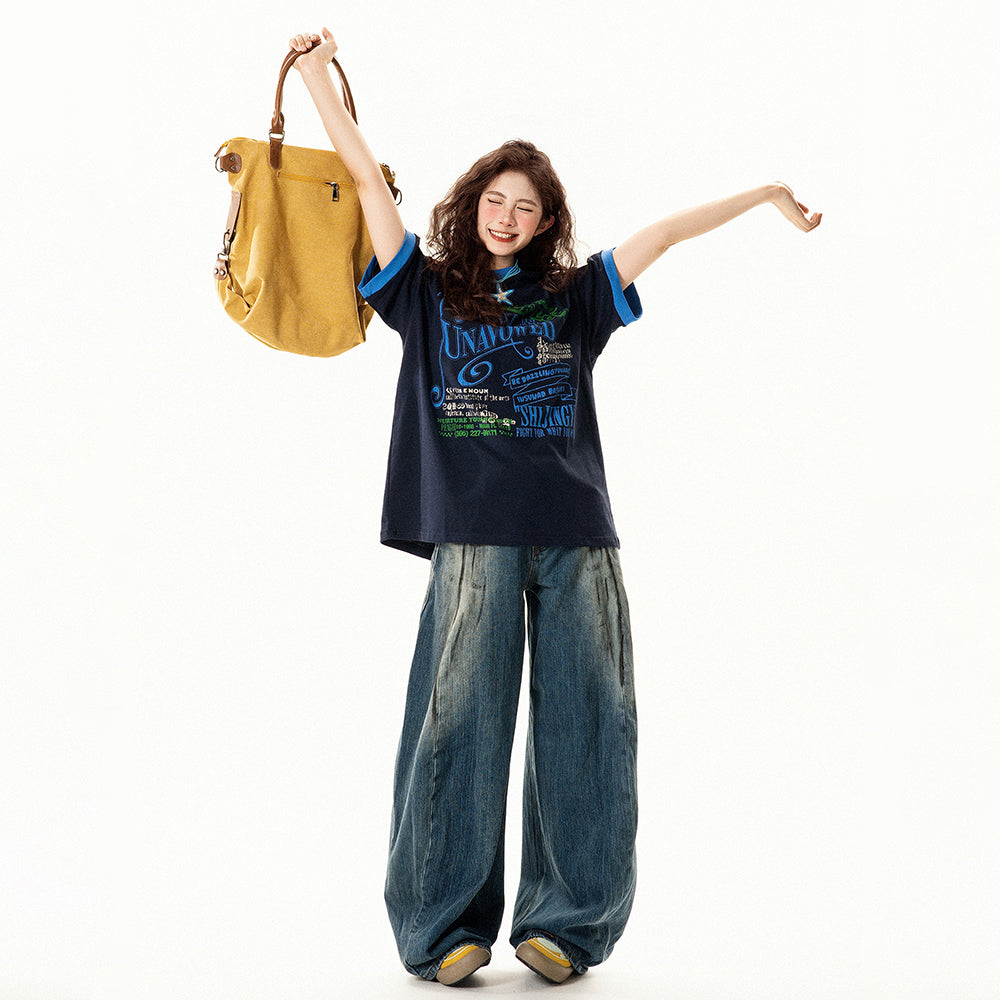 【トップス】アメリカンレトロ ロゴプリント 半袖Tシャツ レディース 夏 ゆったり デザイン感 バイカラー ラウンドネック【FCシリーズ】【15〜20日発送】